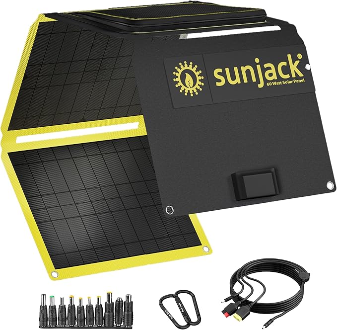 SunJack – 60 Watt Foldable Solar Panel, ETFE Waterproof Portable Solar Panel with Kickstands, USB-C PD30W, USB-A QC3.0, DC Output, Solar Panels for Camping, Hiking, Emergency Power