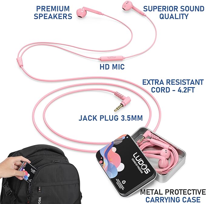 LUDOS FEROX Wired Earbuds in-Ear Headphones, 5 Years Warranty, Earphones with Microphone, Noise Isolation Corded for 3.5mm Jack Ear Buds for iPhone, Samsung, Laptop, Kids, School Students - Pink