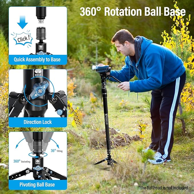 SIRUI SVM-165 Carbon Fiber Camera Monopod with Feet, 68.7" Professional Lightweight Travel Monopod with Fluid Video Head for DSLR Camera, One-Step Height Adjustment, Modular, Max Load 22lbs