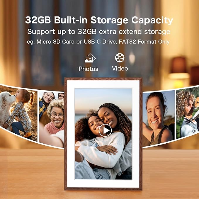 Digital Picture Frame, 10.1'' Frameo Digital Frame Wifi, 1280*800 HD Touch Screen, 32GB Memory, Wall Mountable Digital Photo Frame, Auto-Rotate, Share Instantly, Wedding, Birthday Gifts for Mom, Brown