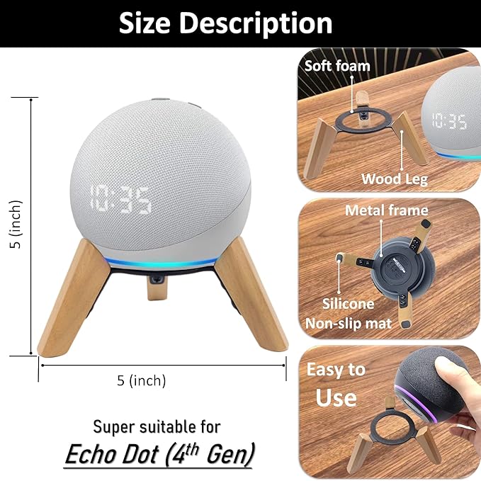 Real Wood Stand for Echo Dots(4th Gen),(5th gen) Speaker,Wooden Mount Accessories Anti-Slip Holder Tripod for Echo Dot (2024 Model),(White Oak)