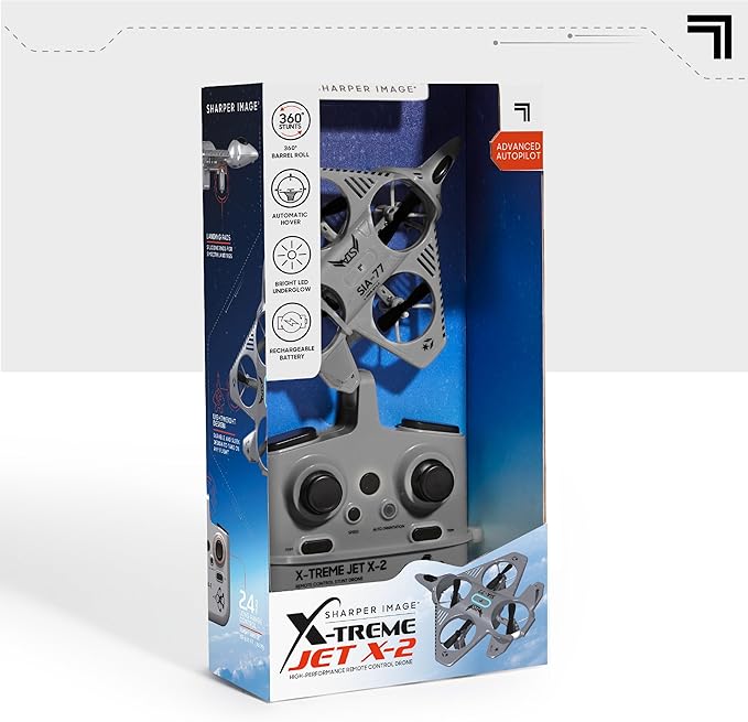 Sharper Image® X-Treme Jet X-2 High-Performance Remote Control Drone, 2.4 GHz Long Range Wireless Control, Advance Auto-Pilot with 360 Barrel Roll, 7-piece, Grey, Age 8+