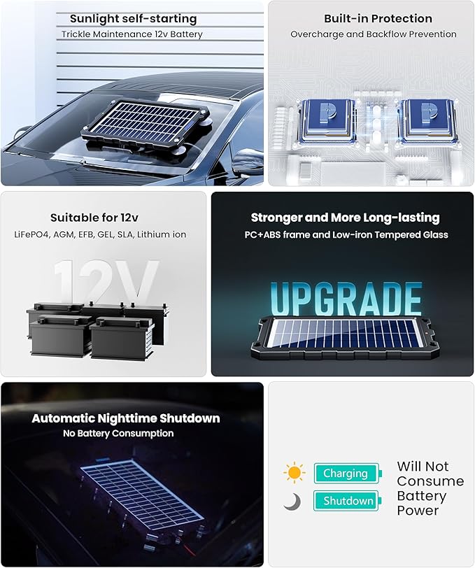 POWOXI Upgraded 7.5W-Solar-Battery-Trickle-Charger-Maintainer-12V Portable Waterproof Solar Panel Trickle Charging Kit for Car, Automotive, Motorcycle, Boat, Marine, RV,Trailer, Snowmobile, etc.