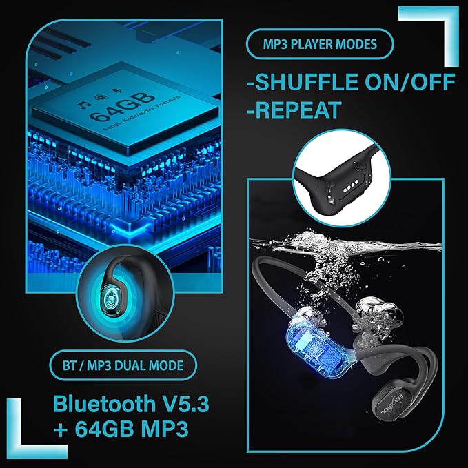 Bone Conduction Swimming Headphones with Bluetooth & 64GB MP3 Player, Shuffle & Repeat, IP68 Waterproof, Secure Fit for Workouts, Running, Cycling and Swimming, Microphone for Hands-free Calls