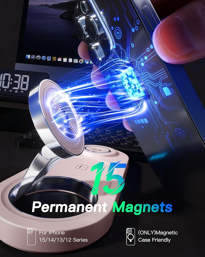 Upgraded 3 in 1 Wireless Charging Station for Apple Devices, Faster Mag-Safe Charger Stand, Magnetic Charger Station for iPhone 17/16/15/14/13/12 Series & AirPods Pro & Apple Watch Series （Pink）