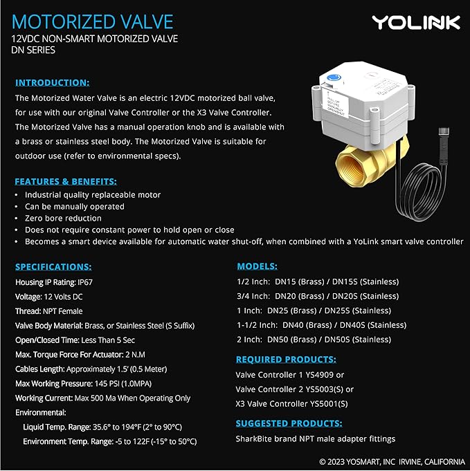 YoLink X3 Valve Controller Kit, 1-1/4" Brass Motorized Ball Valve, LoRa Long Range, 10+ Year Lithium, D2D with Leak Sensors & Fob, App Control & Schedules, Alexa/IFTTT/Home Assistant, Hub Required