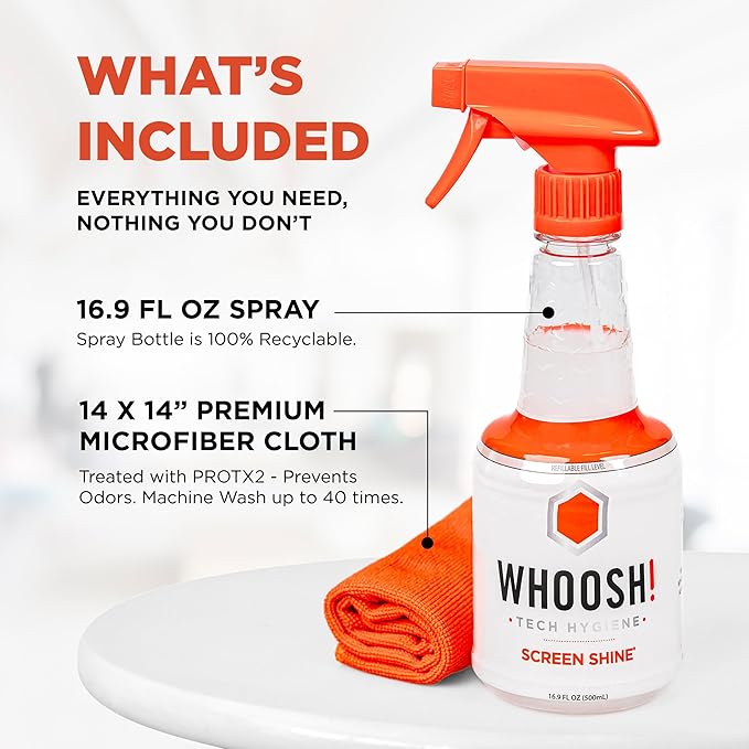WHOOSH! Screen Shine Pro 16.9 fl oz Refillable Screen Cleaner for TV, OLED, and Monitors – Streak-Free Spray with Microfiber Cloth – Safe for Flat Screen, LCD, Smart Displays – Non-Toxic and Odorless
