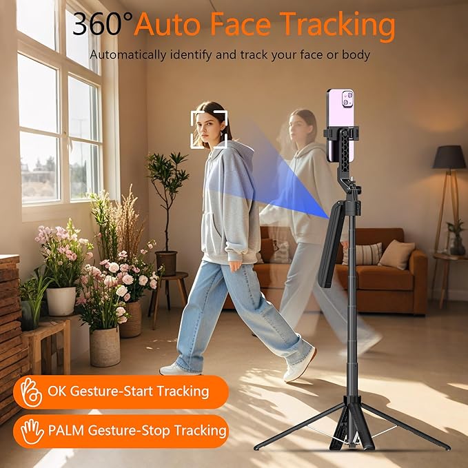Auto Face Tracking Self Stick Tripod for iPhone with 10" Ring Light Hands-Free 360°Adjustable 70.9 Inch Smart Phone Stand with Wireless Remote for Content Creator Vlog Video Recording
