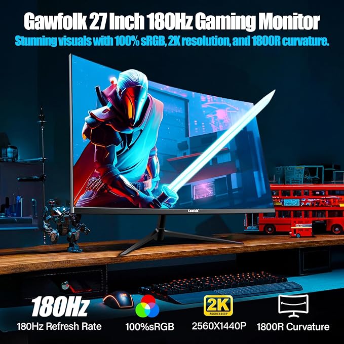 27 Inch Gaming Curved Monitor, 180Hz QHD 2560x1440p PC Monitor with AMD FreeSync, Flicker-Free, HDMI 2.0, DP 1.4, Ultra-Thin Frameless 2K Computer Screen