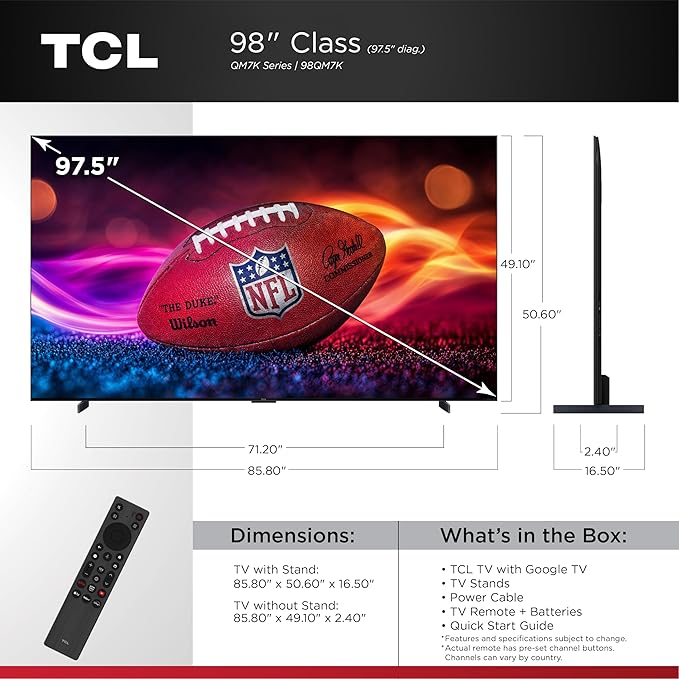 TCL 98-Inch Class QM7K Series QD-Mini LED 4K UHD Google Smart TV Best Premium Mini-LED TV - QLED, 144hz, 288hz Gaming Rate, Anti-Reflective Screen, Bang & Olufsen Audio, Atmos (98QM7K, 2025 Model)