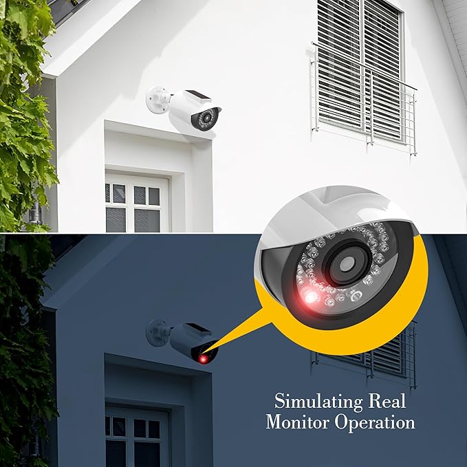 BNT Solar Powered Fake Security Camera, Bullet Shape Fake Surveillance Camera with Red LED Light for Night, Security Warning Sticker, for Outdoor Safety Alert (White 2Pack,Battery not Included)