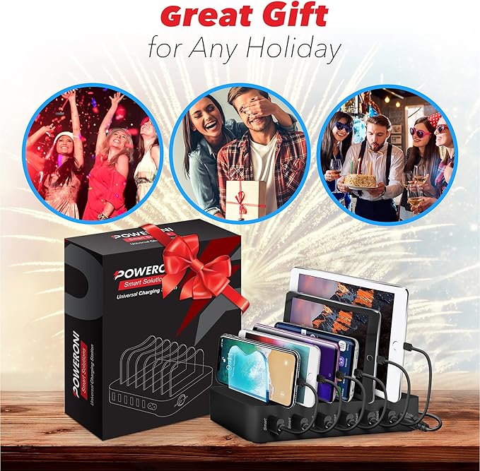 USB Charging Station 6-Ports - Fast Charging Station for Multiple Devices Apple - Multi Device Charger Station Dock - Compatible with Apple iPad, iPhone, Android, and Tablet