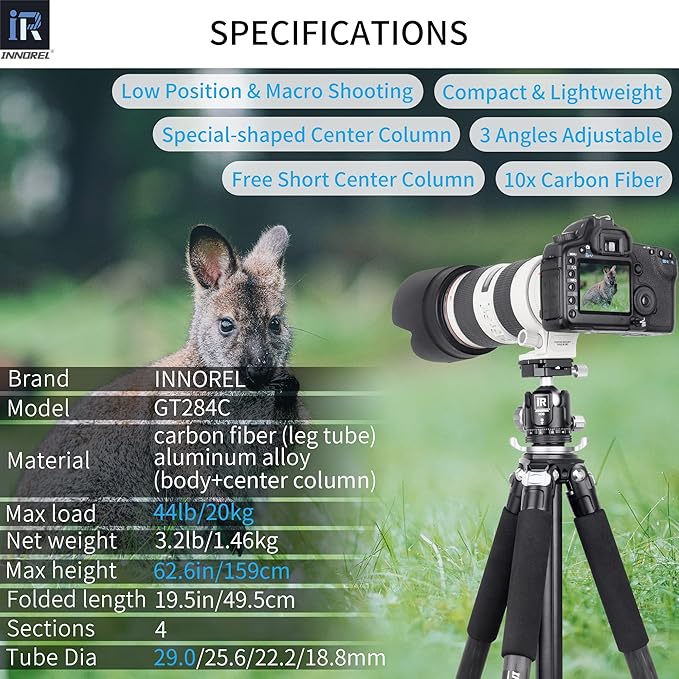 Carbon Fiber Tripod-INNOREL GT284C Professional Compact Portable Tripod for Digital DSLR Camera Heavy Duty Camera Stand Support with Special-Shaped Center Column 1.14in/29mm Tube Max Load 44lbs/20kg