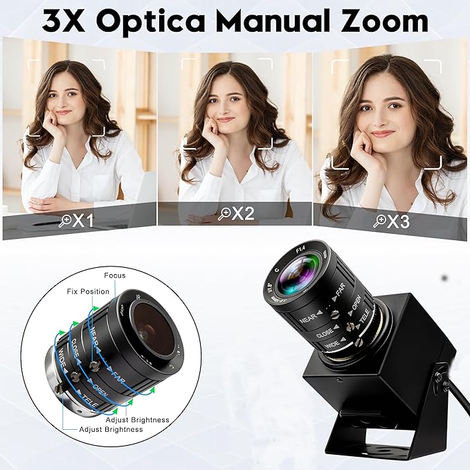 USB Camera 48MP Webcam 8K Ultra HD USB Webcam 3.6-10mm 3X Manual Zoom Lens for Computer Lightburn Close up Cam for Laser Engraver Plug and Play for Document Scanning Face Recognition