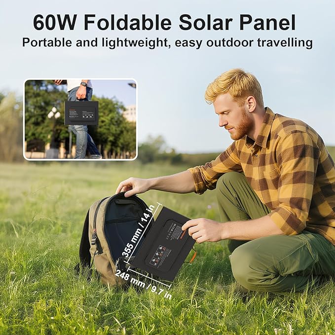 60W Portable Solar Panels Charger with USB-C, USB-A and DC Outputs Foldable IP67 Waterproof Solar Panel for Camping Hiking, Power Emergency for Small Power Station Generator, Phones, Power Bank