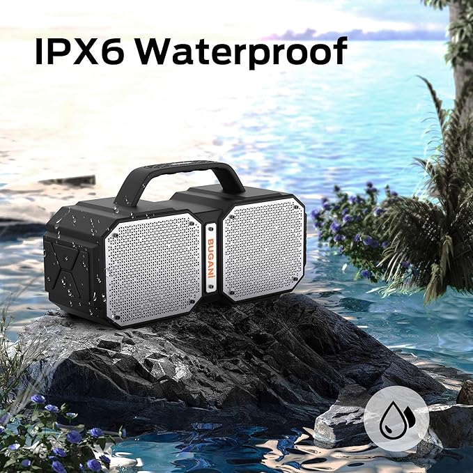 BUGANI Bluetooth Speaker, Shock Portable Bluetooth 5.3, Waterproof, Wireless Speakers, 60W Super Power, Outdoor Speaker, Black (New Model)