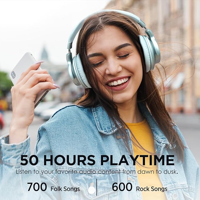 AUSDOM Wireless Headphones Noise Cancelling: Bluetooth Over Ear ANC Headphones with 50H Playtime, Microphone, Deep Bass, Hi-Fi Sound, Comfortable Ear Cushions for Travel Work, Mint Green