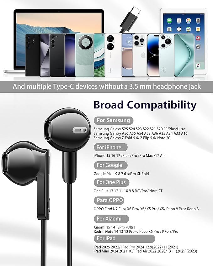 USB C Headphones Wired for iPhone 17 Air 15 Pro 16 Pro Max in Ear Wired Headphones with Microphone Volume Control HiFi Stereo USB-c Earbuds Type C for S24 S23 S25 Ultra S22 A55 A56 A16 Pixel