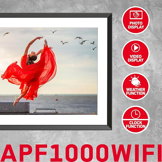 AGFA Photo Connected Digital Photo Frame Realiview APF1000 Wi-Fi 10 inch LCD - Display Photos/Videos, Clock, Weather, Auto Rotation, 32GB Memory, FRAMEO iOS/Android App Included - Black