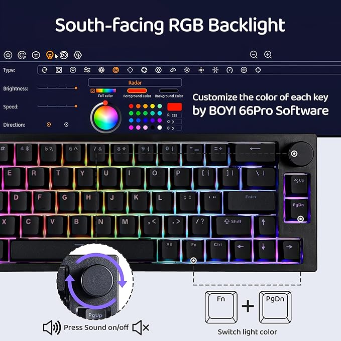 BOYI 66Pro Rapid Trigger Magnetic Switch 65% Mechanical Keyboard,Hall Effect Gasket-Mounted RGB HotSwap Hyper-Fast Adjustable Actuation Wired Compact Gaming Keyboard with Knob(Black)