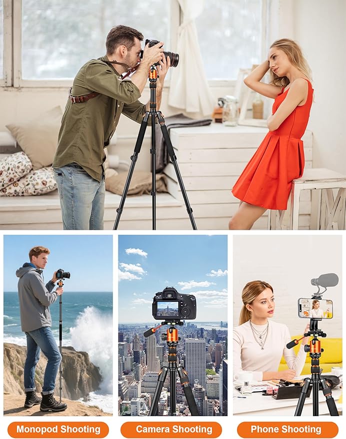 Camera Tripod, 83" Heavy Duty Aluminum Tripod for DSLR/Camera/Smartphone - with Handle, Converts to Monopod, Holds 35lbs