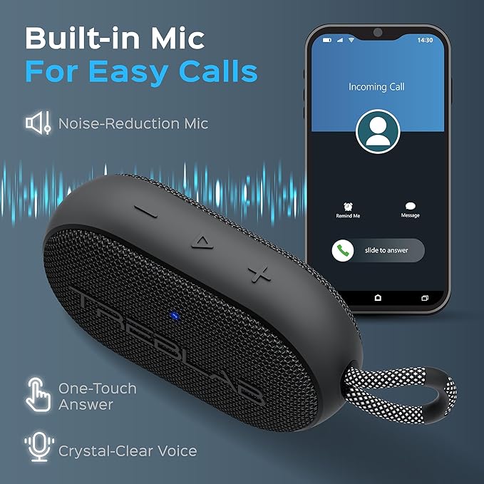 TREBLAB HD-Go - Ultra Portable Hand Held Speaker with Clip, 7W Power with Bass, 16H Playtime, IPX7 Waterproof, Built-in Mic, Compact & Lightweight, USB-C Charging – Small Speaker Bluetooth Wireless