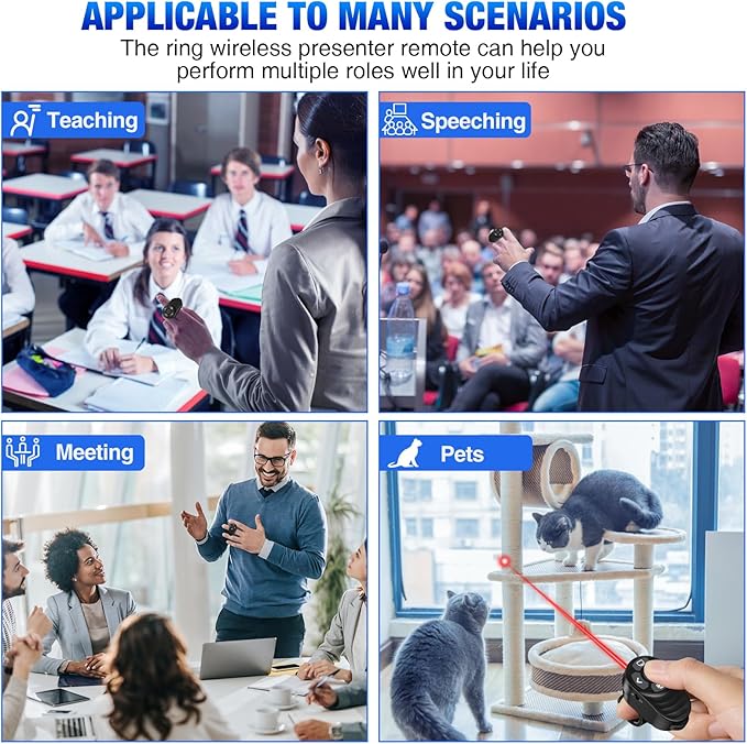 Rechargeable USB Type C Wireless Presentation Clicker, Finger Ring Clicker Powerpoint Clicker with Red Light & Volume Control, Wireless Presenter Remote Pointer for Slide MAC Computer PC Laptop