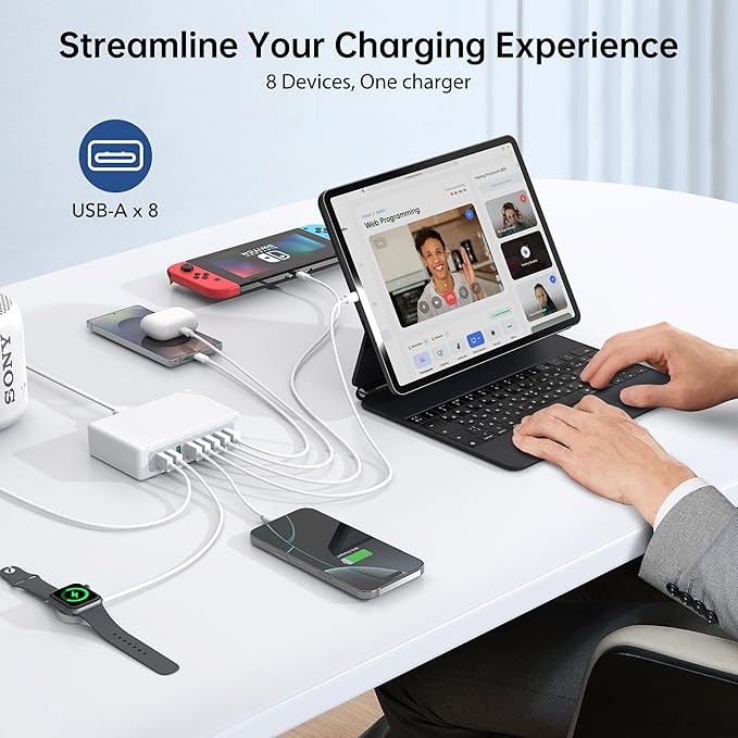 USB Charger Block, 100W 8 Port USB Charging Station for Multiple Devices, QC 18W Fast Charging Hub Power Strip Adapter for iPhone 17 16 15 14 13, iPad Pro, Galaxy, Note, LG HTC and More, 5ft Cord