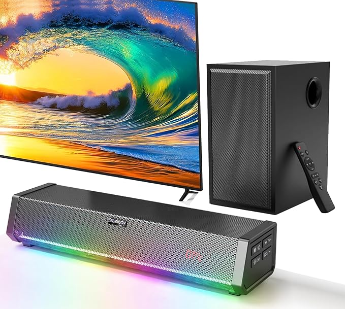 TV Speakers, Home Theater Speaker Wireless Audio Soundbar TV Speaker + Bass Subwoofer Wired Connect, Bluetooth Enabled/Optical/AUX/COAXIAL Inputs with Remote Control