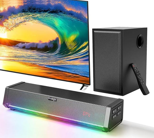 TV Speakers, Home Theater Speaker Wireless Audio Soundbar TV Speaker + Bass Subwoofer Wired Connect, Bluetooth Enabled/Optical/AUX/COAXIAL Inputs with Remote Control