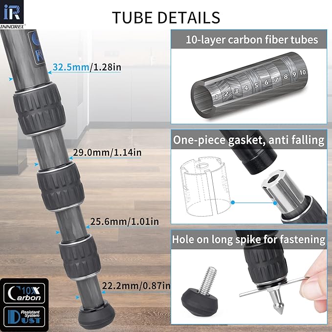 Carbon Fiber Tripod-INNOREL GT324C Professional Compact Portable Tripod for Digital DSLR Camera Heavy Duty Camera Stand Support with Special-Shaped Center Column 1.25in/32mm Tube Max Load 55lbs/25kg
