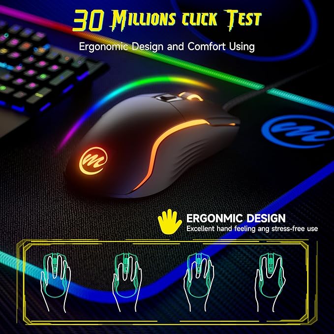 memzuoix Wired Gaming Mouse with RGB - 6 Adjustable DPI up to 12800, 6 Buttons, 12 Lighting Modes, Ergonomic Design with Anti-Slip Rubber Wheel, 5.6ft Braided Cable for PC/Mac/Windows - Black