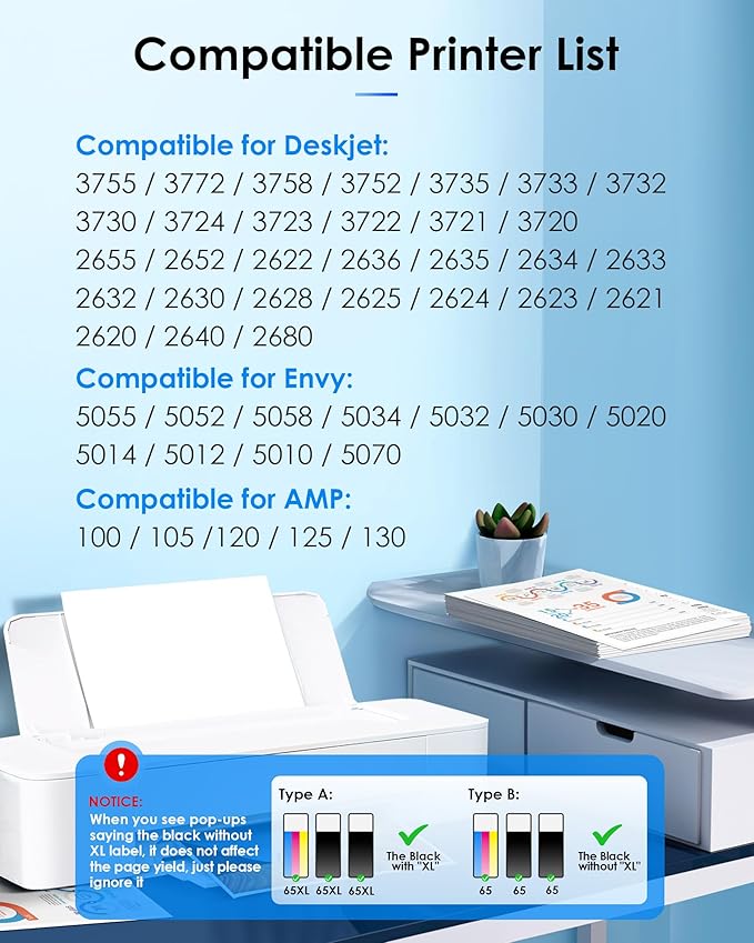 65XL Ink Cartridges Black/Color Combo Pack (3 Pack) Replacement for HP Ink 65 65XL for DeskJet 3755 3772 3700 3752 3722 2600 2622 2652 Envy 5055 5000 5070 5014 5052 Printer (2 Black, 1 Color)