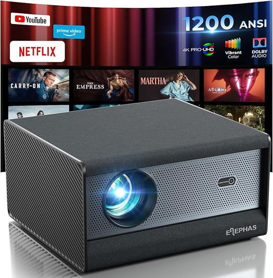 [1200 ANSI/Netflix-Licensed/30W Dolby Audio] ELEPHAS Smart 4K Projector with WiFi and Bluetooth, Dust-Proof Sealed UHD Video Projector, Auto Focus/Keystone, Portable Home Theater for Indoor/Outdoor