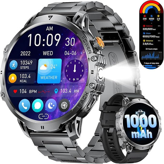 LIGE Military Smart Watches for Men(2 Bands),1000mAh/1.85" HD Large Screen Smartwatch, Flashlight/110+ Sports Modes/Sleep Monitor, Fitness Tracker Watch for Android iOS,Black