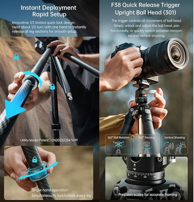 FALCAM TreeRoot Lite F38 Quick Lock Carbon Fiber Travel Tripod with Ball Head Load Capacity 3kg/6.6lbs, Max Vertical Payload 40Kg/88lbs for Cameras (C141K-301)
