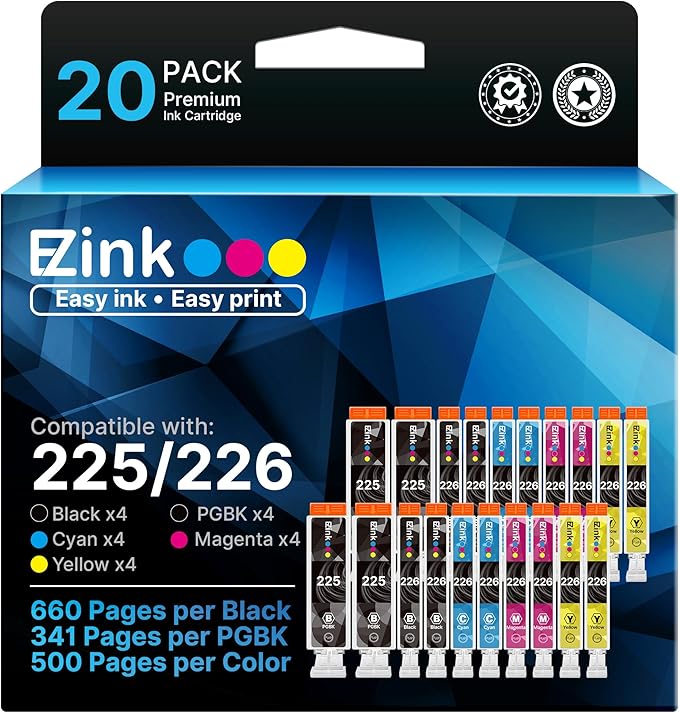 E-Z Ink Compatible Ink Cartridge Replacement for Canon PGI-225 CLI-226 PGI225 CLI226 to use with MG6220 MG6120 MG5320 MX882 MX892 (4 Large Black, 4 Cyan, 4 Magenta, 4 Yellow, 4 Small Black) 20Pack
