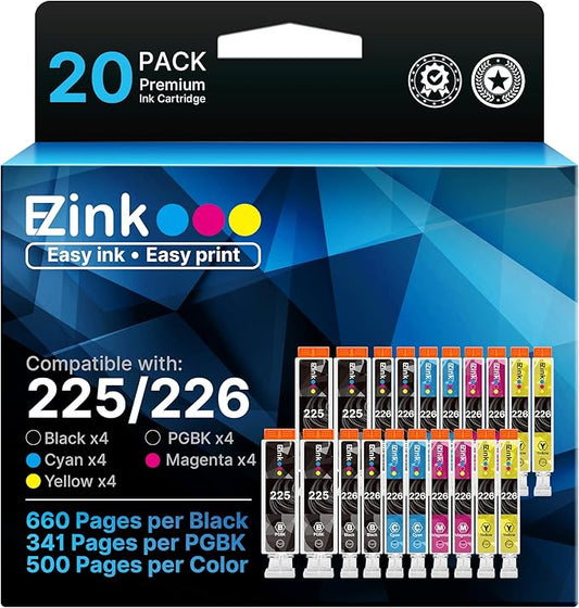 E-Z Ink Compatible Ink Cartridge Replacement for Canon PGI-225 CLI-226 PGI225 CLI226 to use with MG6220 MG6120 MG5320 MX882 MX892 (4 Large Black, 4 Cyan, 4 Magenta, 4 Yellow, 4 Small Black) 20Pack