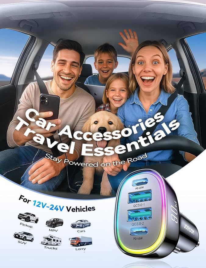 90W for iPhone 17 Pro Car Charger USB C, 4-Port Car Charger Fast Charging, PD&QC3.0 Type C Car Phone Charger, Cigarette Lighter Adapter, Car Accessories for iPhone 16 16e 15 17 Air Pro Max, Samsung