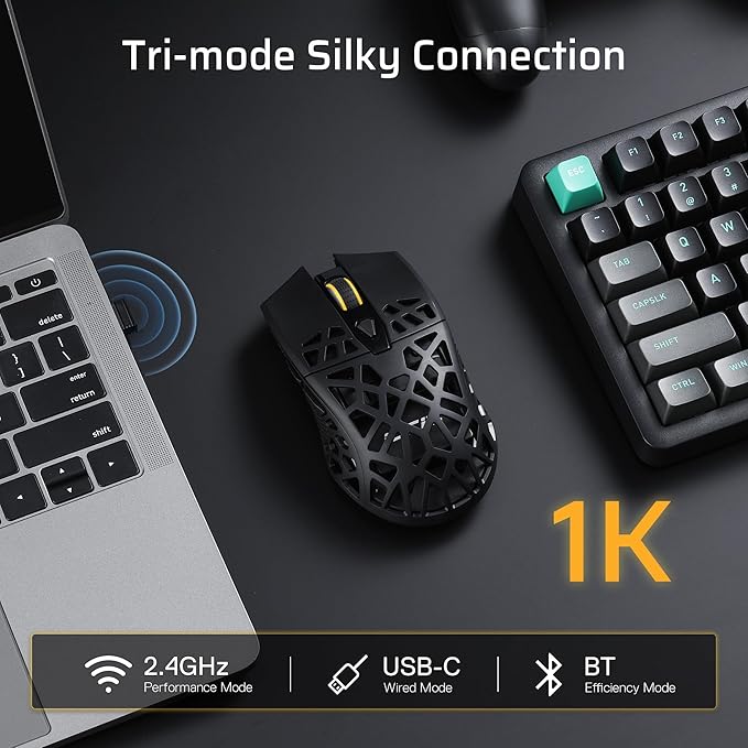 LTC GM023 Tri-Mode Wireless Gaming Mouse, 79g Ultra-Light Honeycomb Ergonomic Gaming Mouse, 2.4Ghz/BT/Wired, 6-Level DPI 4800, 6 Programmable Buttons, Pro Software