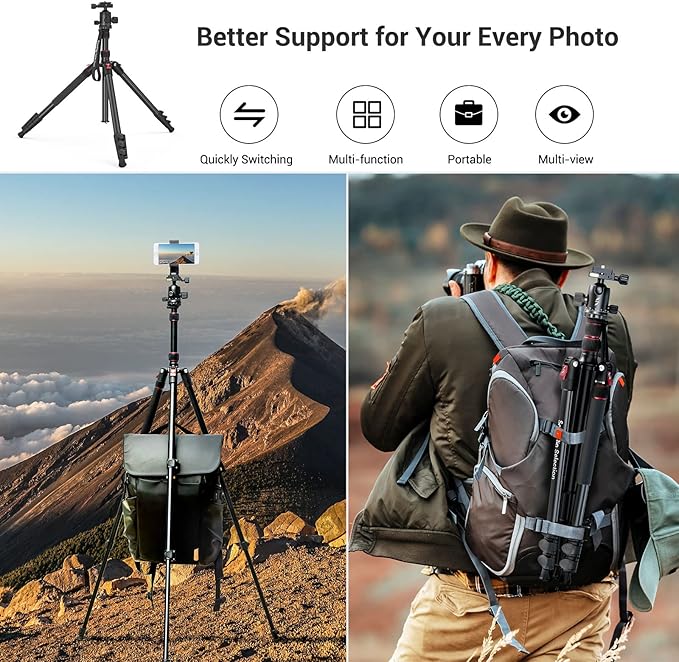 SmallRig Camera Tripod, 71" Foldable Aluminum Tripod/Monopod, 360°Ball Head Detachable, Payload 33lb, Adjustable Height from 16" to 71" for Camera, Phone