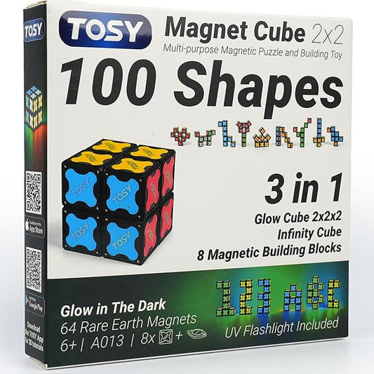 TOSY Magnet Cube 2x2 - 8 Blocks, 2 in 1 Toy: 2x2x2 Puzzle Cube and Customizable Infinity Cube, Glowing, UV Flashlight, Fidget/Sensory/STEM/STEAM Magnet Tiles Birthday Gift for Kids/Teens/Adults