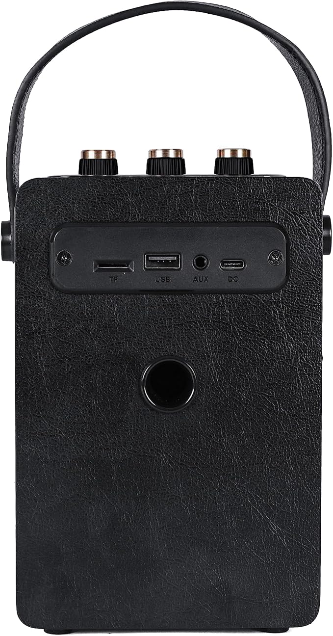 Fuse Andle Vintage Retro Bluetooth Speaker with Vegan Leather Handle | Portable Speaker with Smartphone Connection | USB & AUX Input | Stylish Black Wood Exterior