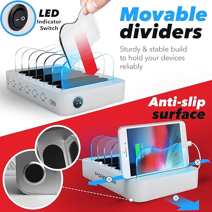 USB Charging Station Dock - 6-Port - Fast Charge Docking Station for Multiple Devices - Multi Device Charger Organizer - Compatible with Apple iPad iPhone and Android Cell Phone and Tablet