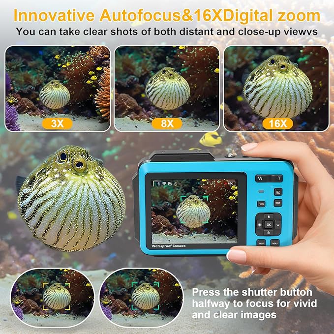 5k Underwater Camera,64mp Waterproof Camera Dual-Screen Selfie Underwater Cameras for Snorkeling 16x Digital Zoom WiFi Waterproof Digital Camera 1200mah Battery (Blue)