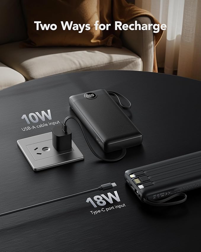 VRURC Portable Charger 20000mAh, Built-in Cable Fast Charging Power Bank, PD QC 3.0 Travel Essentials Battery Pack, 4 Output & 2 Input Phone Charger for iPhone,Samsung, Android-Black