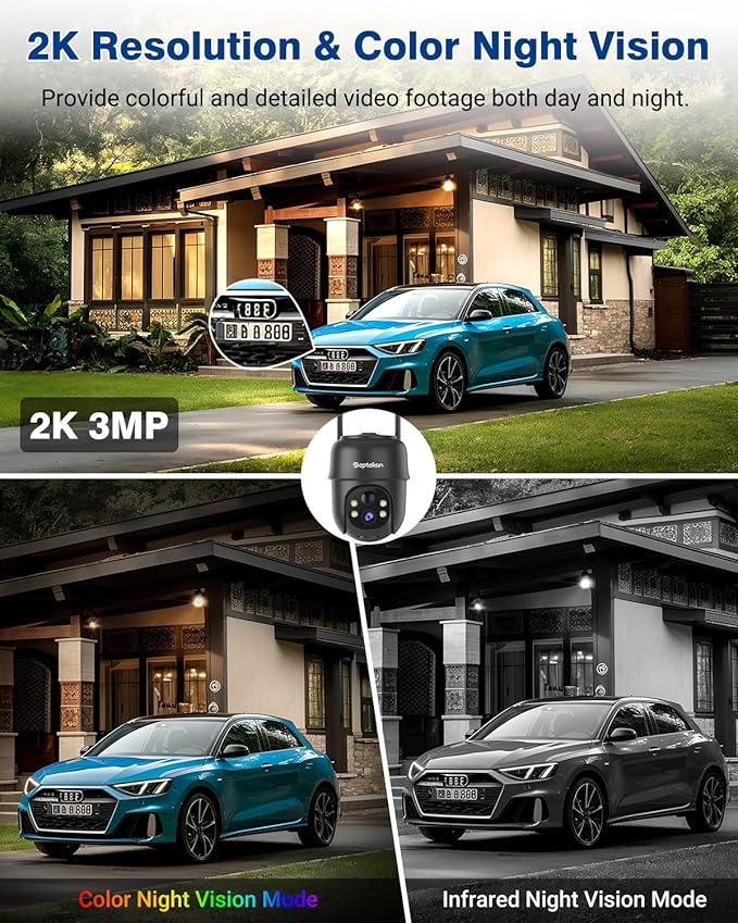 Septekon 2K Solar Security Cameras Wireless Outdoor 2 Pack, 360°PTZ Battery Powered Outdoor Camera, 2.4G WiFi Camera with Spotlight Color Night Vision, Motion Sensor Alarm, IP66, Black