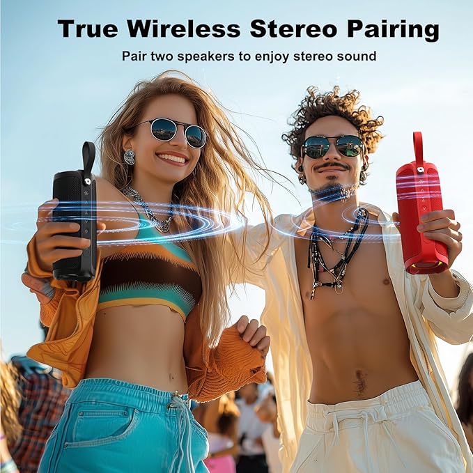 Bobtot Portable Bluetooth Speaker, IPX6 Waterproof Speaker with Punchy Bass, 15W Loud Sound, RGB, 15H Playtime, Dual Pairing for Party, Camping, Beach, Red