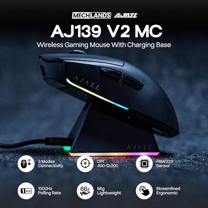 AJAZZ AJ139 V2 MC Gaming Mouse with Charging Base, Adjustable 12,000 DPI, PAW3311 Sensor, 3 Modes Wireless Mouse, 500mAh Battery, 1000 Polling Rate, 66g Lightweight, Win/Mac (Black)