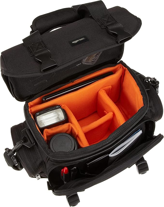 Amazon Basics Large DSLR Gadget Bag, Black with Orange Interior, Solid